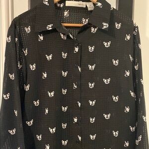 Kersh Black and White Bulldog Print Button Down Shirt